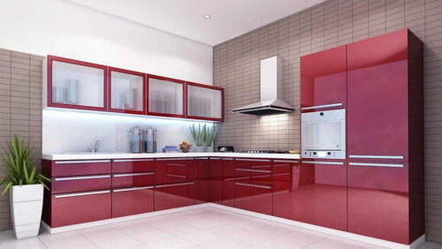 Mdf L Shaped Modular Kitchen - Polished Finish, Red Color With Eco-friendly Melamine Board | Modern Indian Design, Stylish & Durable