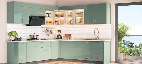 Melamine Board L Shaped Kitchen - Eco-Friendly Polished Finish, Modern Green Design, Indian Style