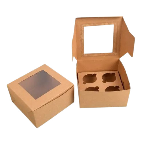 Paper Cupcake Box - Paper Material, 5.8x5.8x2 Inch Size, Brown Color | Rectangular Shape, 200 Gram Capacity
