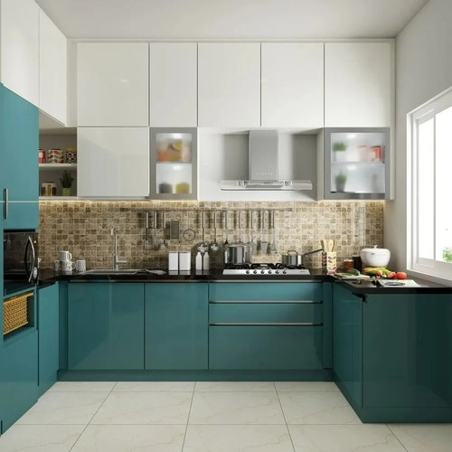 PVC U Shape Modular Kitchen - PVC Material, L-Shape Design, Teal Blue Color | Eco-Friendly, Modern Appearance, Indian Style