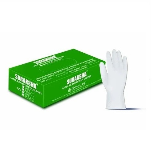 Suraksha Powdered Latex Examination Gloves - Mid Forearm Length, White Color, Sterile Medical Use, Disposable, Recyclable, Box of 50 Pairs