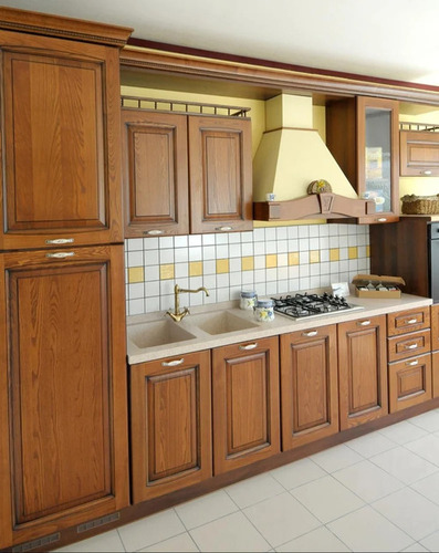 Wooden Modular Kitchen - Solid Wood, Eco-Friendly Design | L-Shape, Polished Finish, Modern Indian Style in Brown