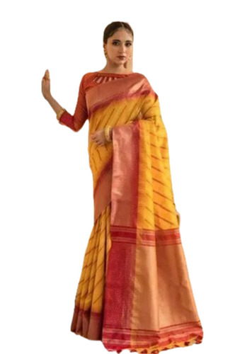 Yellow Tussar Silk Saree - 6.3 M Length with Blouse Piece, Lightweight and Breathable Art Silk with Zardozi Work for Festive Occasions
