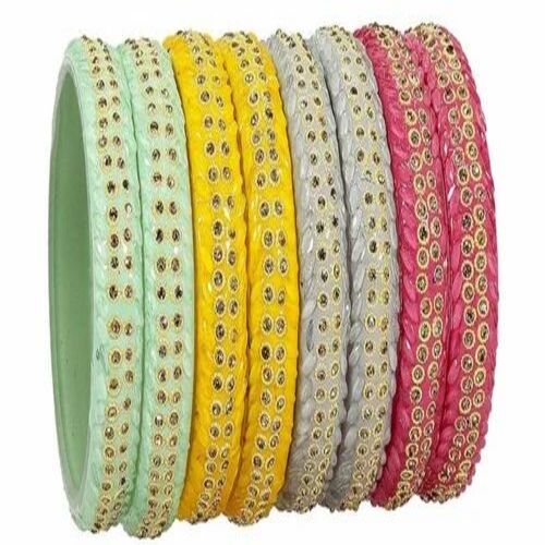 Acrylic Glossy Bangles Set - Multicolor (Pink, Grey, Yellow, Green) , Customized Size with Round Shape & Zircon Gemstone Pattern