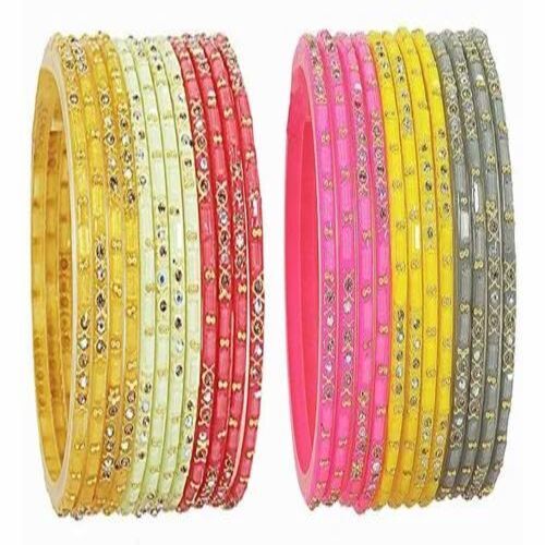 Acrylic Pearls Zircon Bangles Set - 2.4 Inch Diameter, Grey, Yellow, Pink, Red, Cream Colors, Round Shape for Wedding Wear
