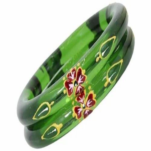 Green Glass Printed Bangles - Glass, 2.6 Inch (D), Round Shape, Glossy Finish | Color Variants: Green, Red, and Golden, Customizable Size