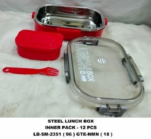 Steel Lunch Box - 500 mL Capacity, Stainless Steel Material, 3 Compartments, Square Shape, 2 Containers, Multiple Colors