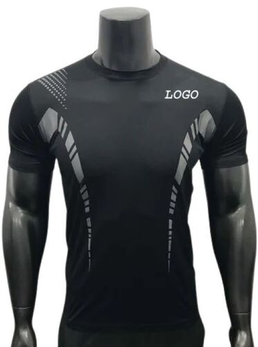 Black Color Mens Sports T-Shirts - Polyester Material, Sizes M to XXXL, Breathable Panels & Comfortable Stretch, High Neck with Double Layered Design, Thumb Loops, Contrast Colors