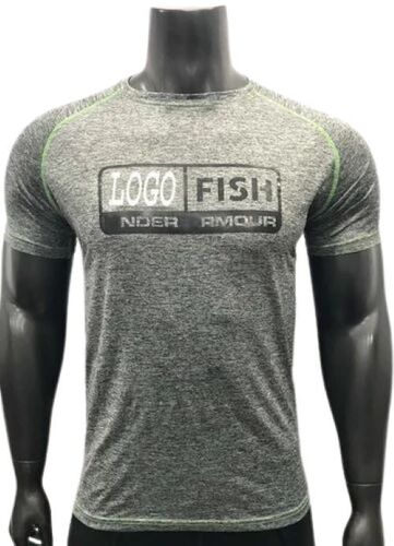 Grey Mens Sports T-Shirts - Polyester Comfort Stretch Sizes M-XXXL Breathable Panels High Neck Double Layered Contrast Colors Thumb Loops