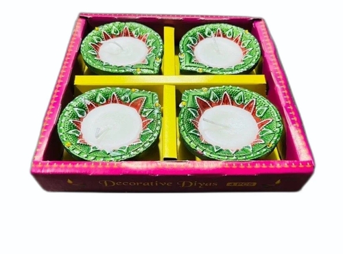 Handmade Decorative Diyas With Wax - Clay, 2 Inch, Multicolor | Eco-Friendly Material, Vibrant Hues, Traditional Design, Reusable Option, Indoor Use