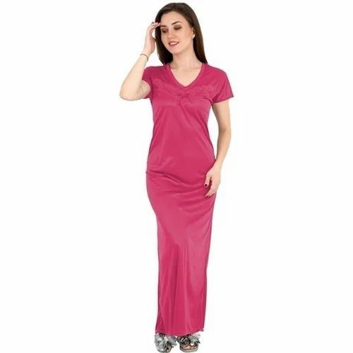 Ladies Satin Nightgown - Half Sleeve, V Neck Design, Plain Pink Color | Perfect for Comfort and Style, Handwash Care