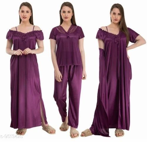 Ladies Purle Satin Night Dress Set