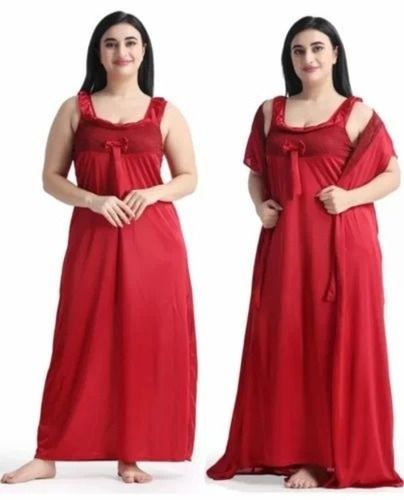 Ladies Red Satin Night Dress Set