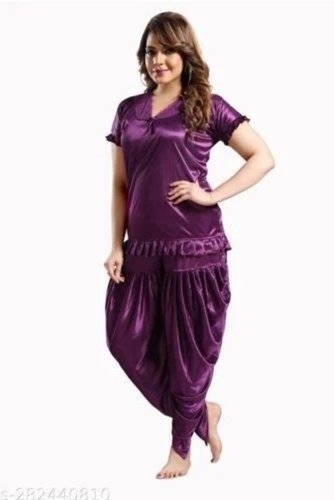 Ladies Satin Dhoti Night Dress Set - Silk Fabric Free Size Purple Color Regular Fit Half Sleeve | Ideal for Women's Comfort and Style