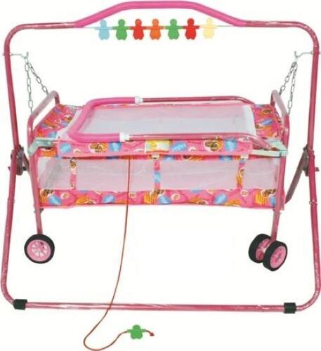 Pink Color Baby Cradle - Plastic Material,  Adjustable Height Design , Soft Mattress, Breathable Fabric, Rocking Motion, Safety Lock, Anti-Slip Base