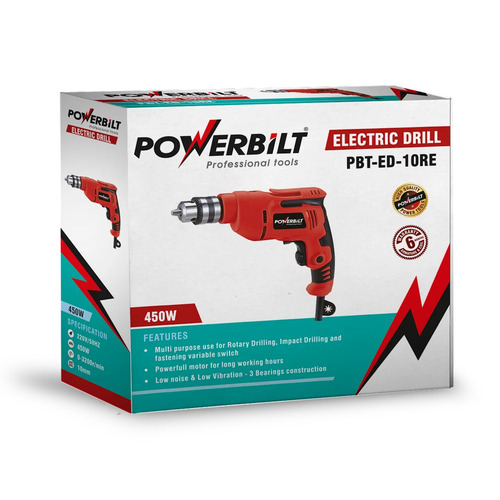 10mm Electric Drill Machine - 650 Watts Power 0-3200 RPM Speed | Red Black Metal Plastic Variable Speed Industrial Use