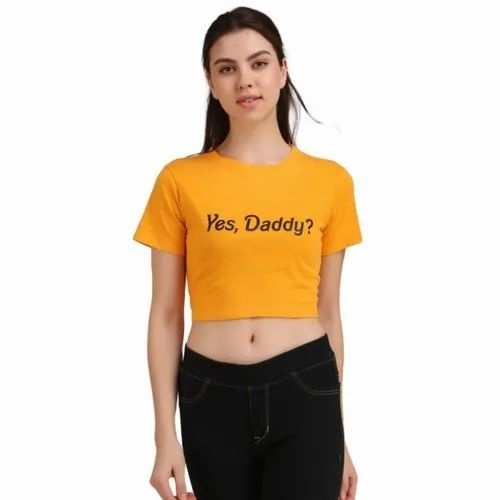 Cotton Short Sleeve Printed Top - Medium Size, Yellow Color | Slim Fit, Round Neck, Formal Wear