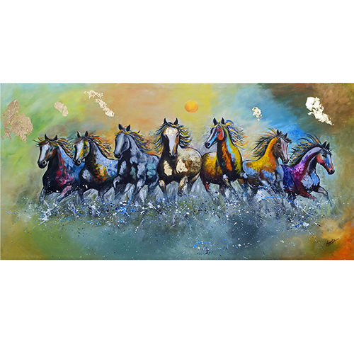 Majestic Seven Horses Painting - Printed Acrylic, 48x24 Inches | Vibrant Gold Accents, Dynamic Motion, Focal Point for Home or Office Decor