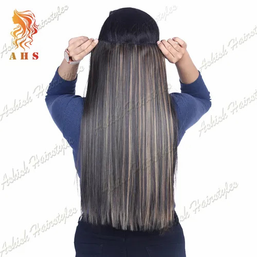 Synthetic Hair Extension - Synthetic Material, Straight Style, Golden Highlight Color | Machine Weft Hair, Ideal for Parlour Use