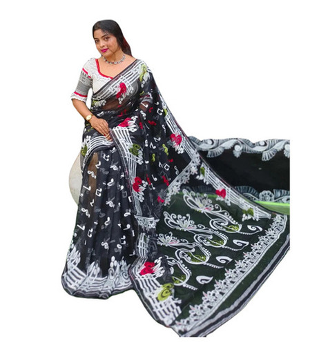 Black Dhakai Jamdani Saree - Fabric Type: Cotton Silk