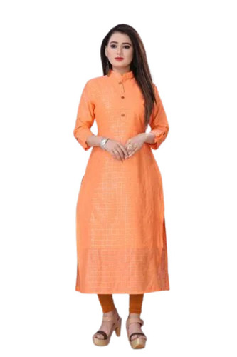 Ladies Kurtis - Cotton Chanderi Fabric, Customized Size, Orange Color | Quick Dry, Anti Wrinkle, Breathable, 3-4th Sleeve, Regular Fit