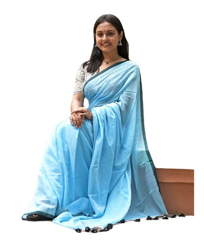 Ladies Saree - Mulmul Cotton, 5.50 Meter Length, Skin-Friendly Sky Blue | Fade, Wrinkle, Shrink, Tear Resistant, Lightweight, Breathable, Quick Dry