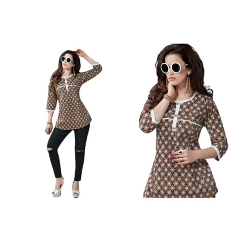 Ladies Tunic Kurtis - Cotton, Customized Size, Brown | Casual Printed Design, Quick Dry, Anti-Wrinkle, Breathable, 3-4th Sleeve Style