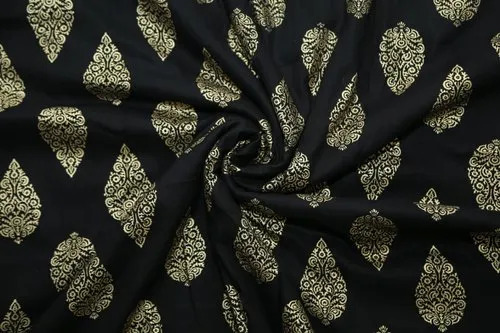 Black Rayon Gold Printed Fabric - Shrink Resistant, Dry Clean Only | Black Color with Elegant Printed Design for Textile Industry