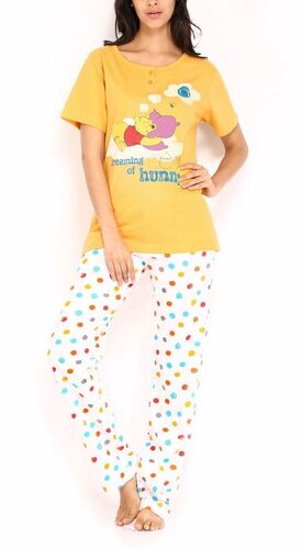 Ladies Top And Pajama Set - Cotton Blend, Size S-XXL | Yellow and White, Short Sleeves, Elastic Waistband, Moisture-Wicking, Relaxed Fit, Wrinkle-Resistant, Quick-Drying