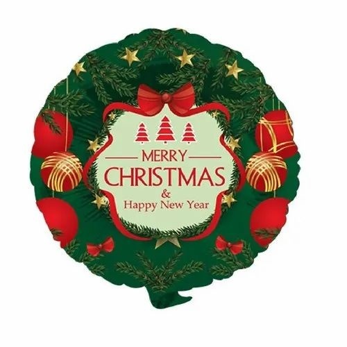Merry Christmas Print Round Balloon - Foil Material, 18 Inches, Green Color | Printed Design, Attractive & Decorative, Non-Toxic Filling