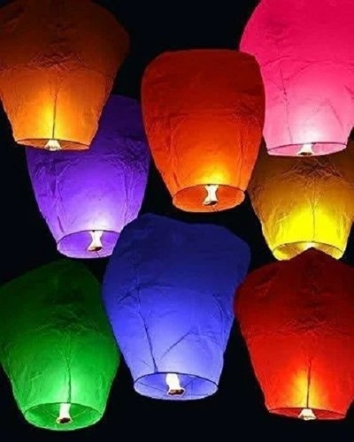 Sky Lantern - Medium Multicolour Paper Pack of 6 | Modern Round Design for Diwali Celebrations