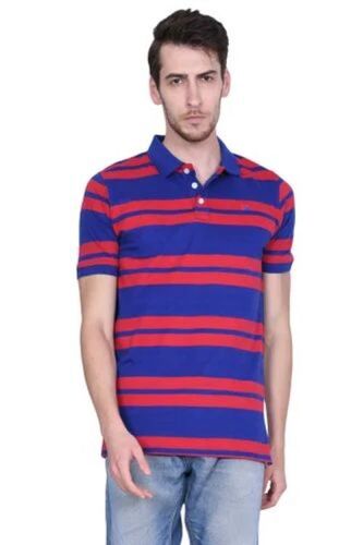Washed Polo T-Shirt - Cotton, Sizes S, XS, XXS | Casual Elegance in Striped Blue and Orange, Fade-Resistant, Moisture-Wicking, Easy Care