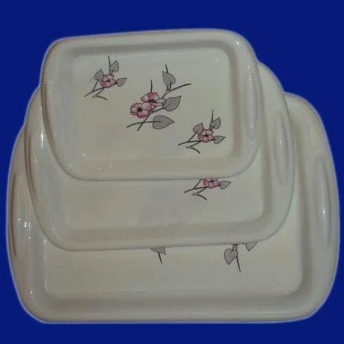 White Printed Tray Set - Rectangular, Standard Size | Durable, Lightweight, Stain Proof, Crack Proof, Polished Finish