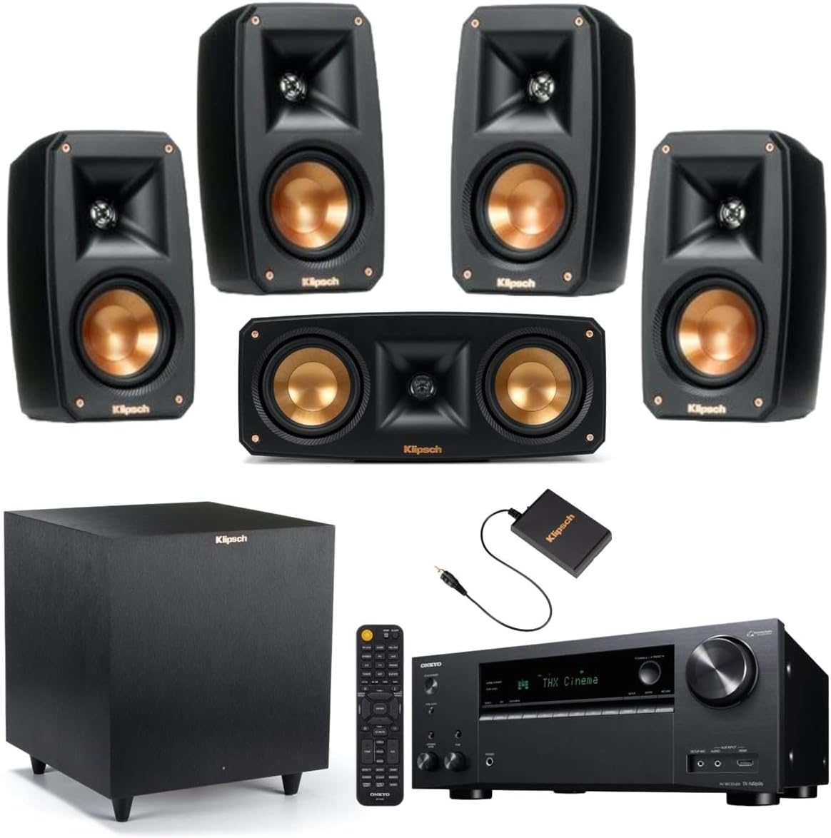 Klipsch Black Reference Theater Pack 5.1 Surround Sound System, Bundle with Onkyo TX-NR797 9.2-Channel Network A/V Receiver, 220W Per Channel (at 6 Ohms)