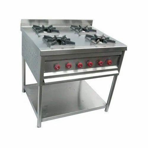 4 Burner Cooking Range - Stainless Steel, LPG Gas Type, Ideal for Commercial Use