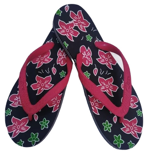 Ladies Fancy Printed Black Rubber Slipper - Size 4 to 8 | Casual Summer Wear for Girls, Comfortable Outsole