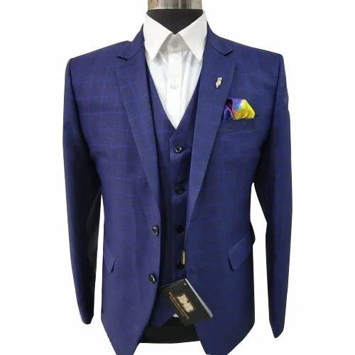 Mens Blue Three Piece Checked Suit
