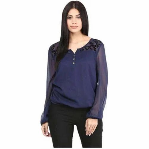 Ladies Full Sleeve Blue Top - Net and Georgette Fabric, Available in Small to XL Sizes for Party Wear