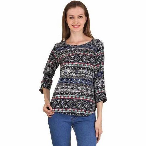 Ladies Printed Top - Cotton, Medium To Xl Sizes, Multicolor 3/4th Sleeve Design | Customizable Skirt Type Available, Perfect For Formal Occasions