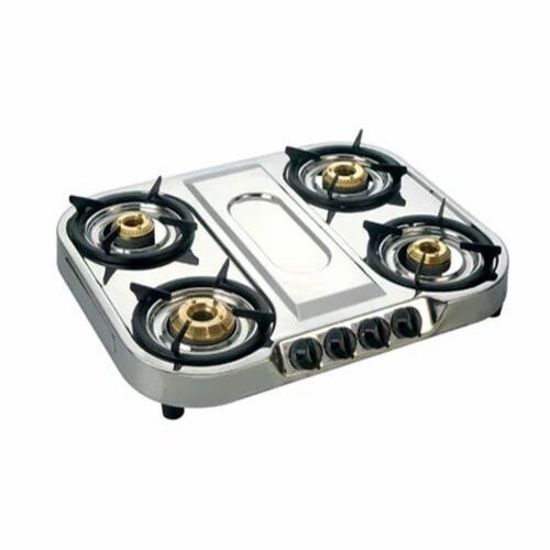 Stainless Steel Four Burner Gas Stove - Manual Ignition, Silver Color with Spill Tray Included