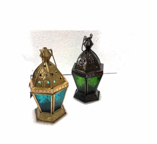 Decorative Moroccan Lanterns - Aluminium 8 Inch | Black and Golden Intricate Design Vibrant Colors Vintage Aesthetic Elegant DÃ©cor
