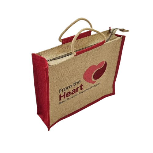 Jute Promotional Bags - Stylish Double Handle, Square & Rectangular Shape | Eco-Friendly, Printed Design, Zipper Top, Customized Colors and Logos