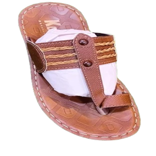 Men PU Leather Fancy Slipper - Size 7, Rust Orange | Light Weight, Plain Pattern, Summer Flip Flop