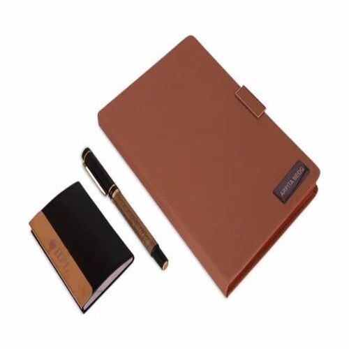 PU Leather Corporate Gift Set - Brown, Rectangular Box with Card Holder, Diary, and Pen | Customized Size, Ideal for Business Gifting