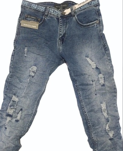 Mens Damaged Denim Jeans - Denim Material, All Sizes Available, Faded Blue Color, Stretchable Fabric for Comfort Fit, Handwash Care