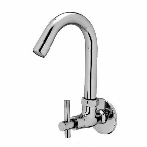 Sink Cock - 0.5 Inch Wall Mounted, Brass Material with Chrome Plating, Round Shape and Glossy Silver Finish