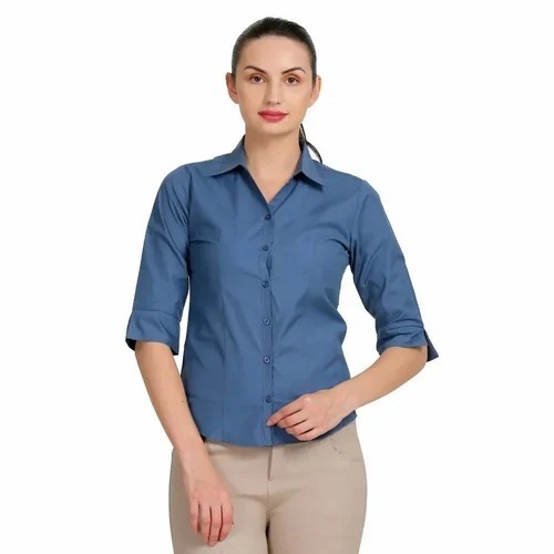 Ladies Formal Shirt - Cotton Three-Forth Sleeves Plain Blue | Breathable Washable Good Quality Customizable Sizes from XXS to XXXL
