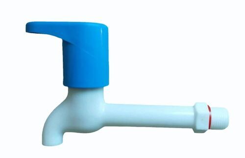 Long Ceramic PP Bib Cock - Durable PP Material, Customized Size , Glossy White & Blue Finish, Wall Mounted Connection, Round Shape