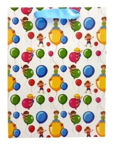 Balloon Print Laminated Paper Bag - 30x22x8 Cm, Multicolor, Recyclable With Rope Handle | Customized Designs, Ideal For Baby Shower And Birthday Gifting