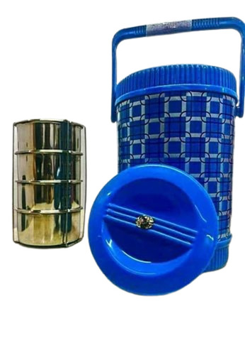 Blue Tiffin Box - Stainless Steel, Insulated, Round Shape with 4 Compartments | Durable, Fine Finished, Printed Surface, Plastic Handle